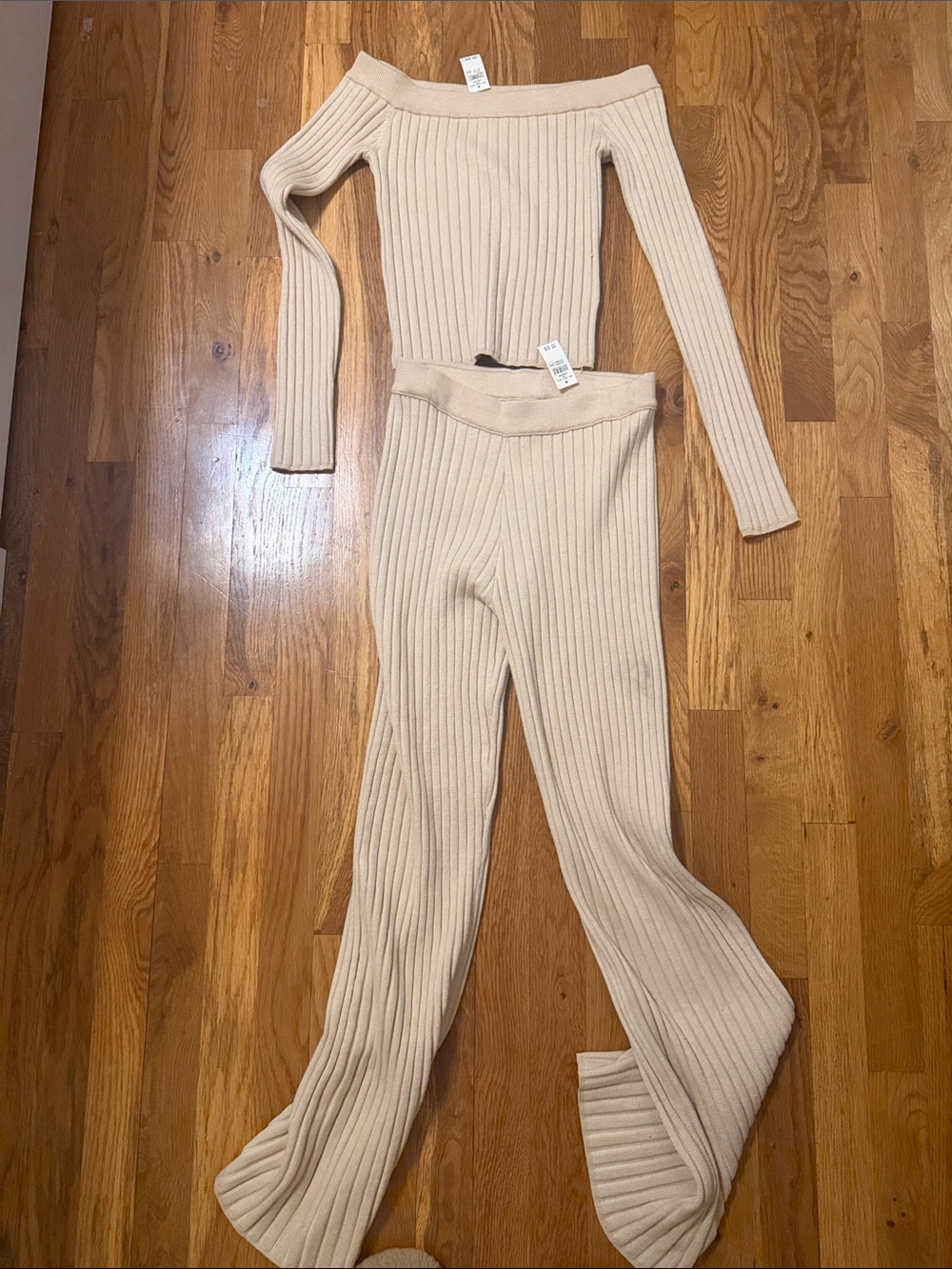 aerie Ribbed Off-Shoulder Crop Top & Wide-Leg Knit Pants - Cream